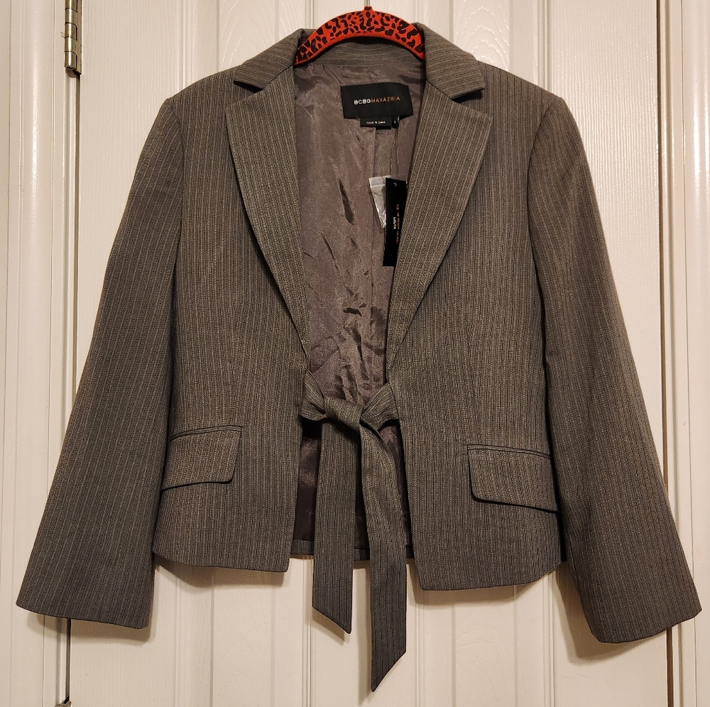 💕 NWT BCBGMaxAzria Lolita The Tie-Front Jacket Gray Pinstriped Small